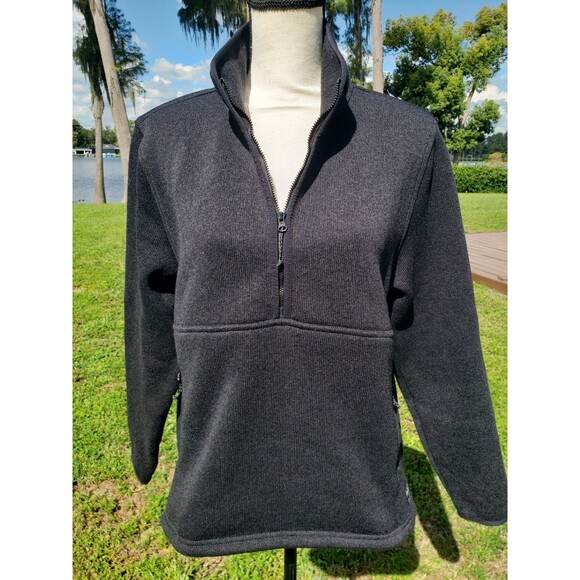 LL Bean Sweater Woman's Medium Black Quilted 1/2 Zip Mock Neck Zip Pockets - Picture 1 of 12